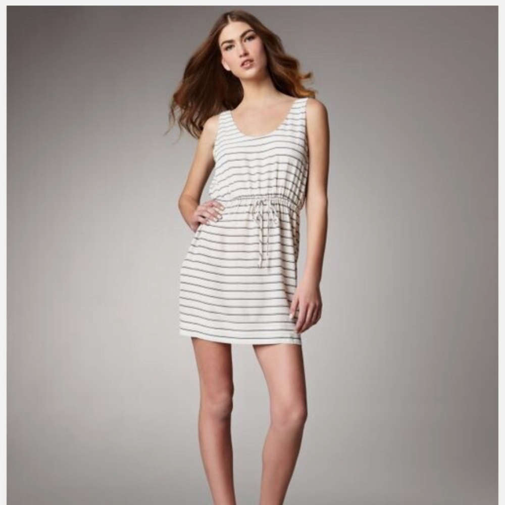 JOIE Chariot 100% Silk Cream & Navy Striped Sleeveless Drawstring Waist Dress